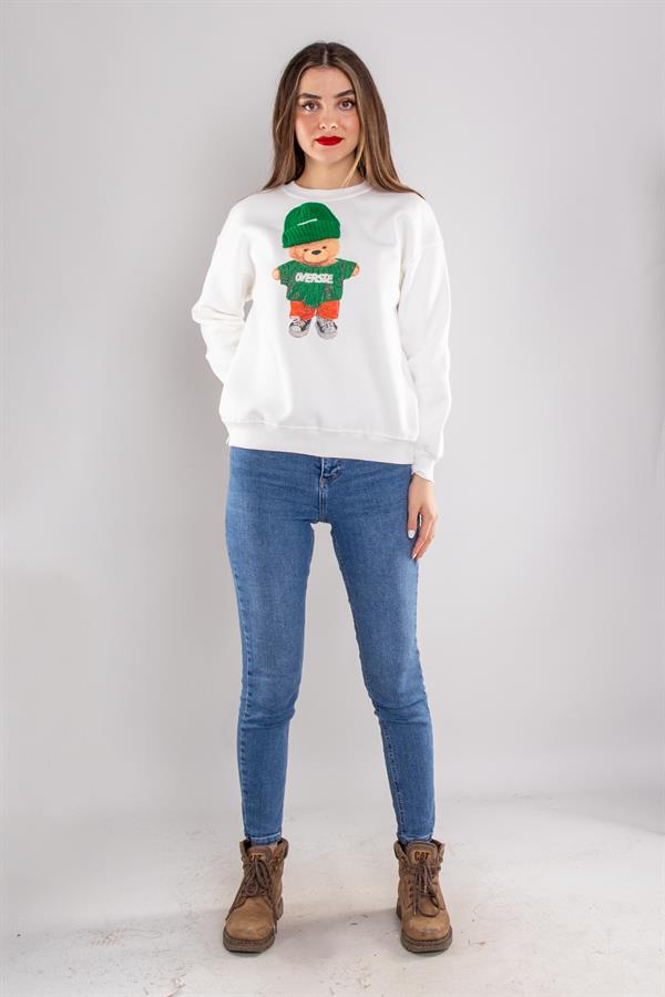 5138 Triko Şapkalı Ayıcık Baskı içi Şardonlu Sweat