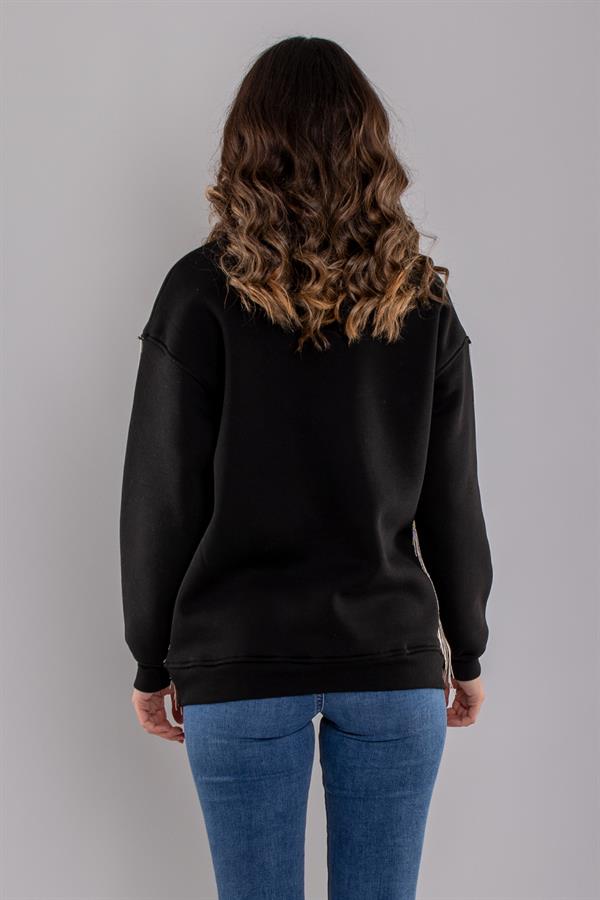 5164 Yanları Zincir Detay Bisiklet Yaka Şardonlu Sweatshirt