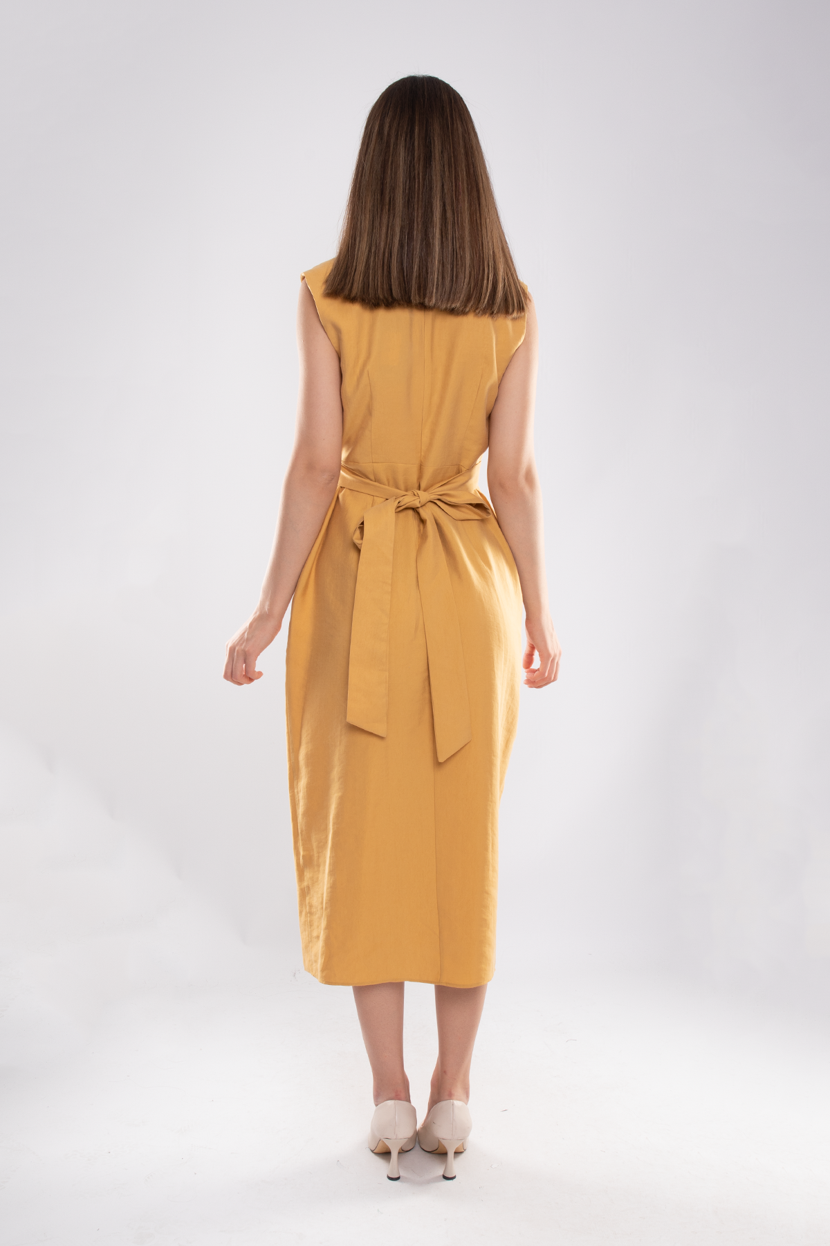 61764 Kruvaze Yaka Kuşaklı Midiboy Tencel Elbise