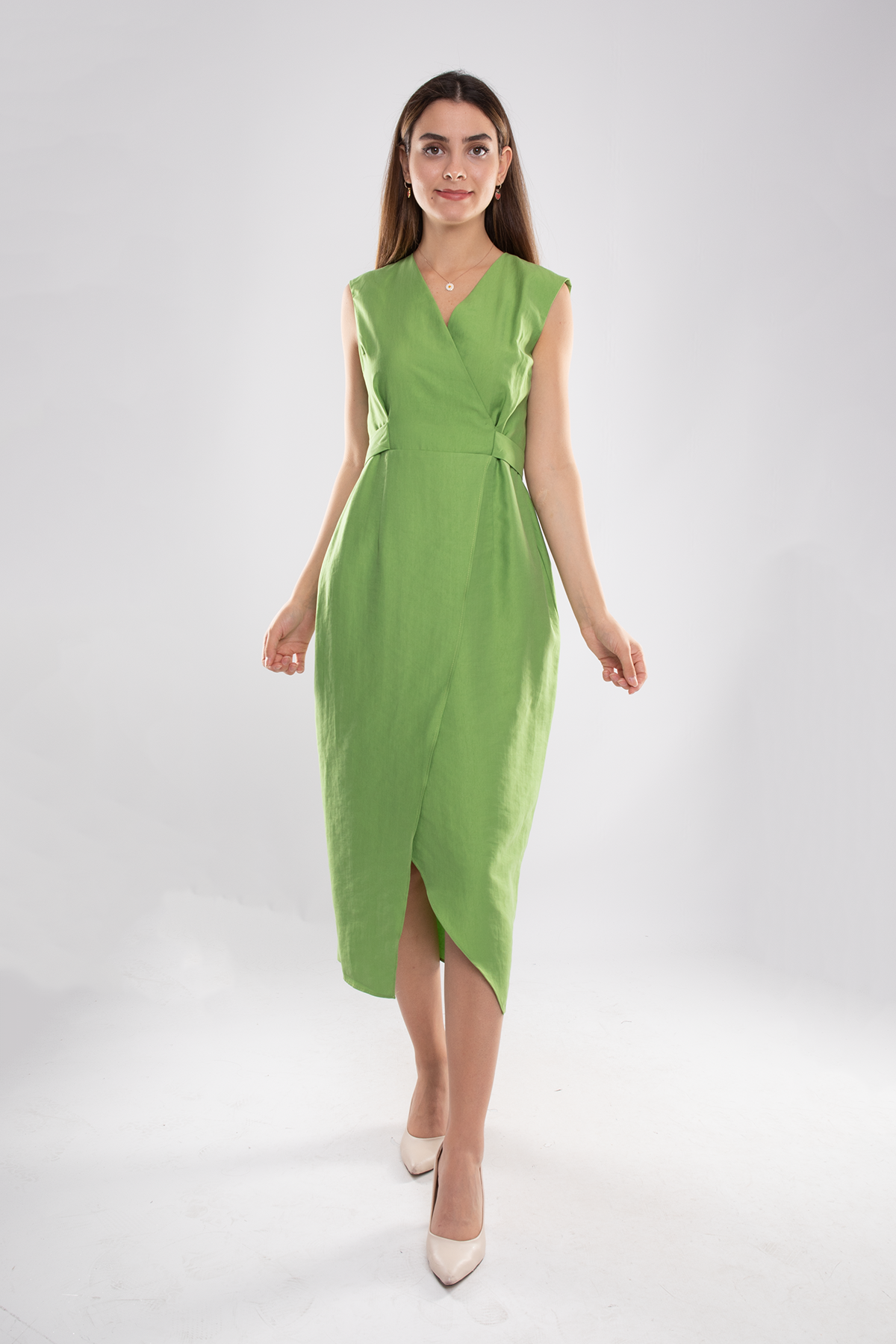 61764 Kruvaze Yaka Kuşaklı Midiboy Tencel Elbise