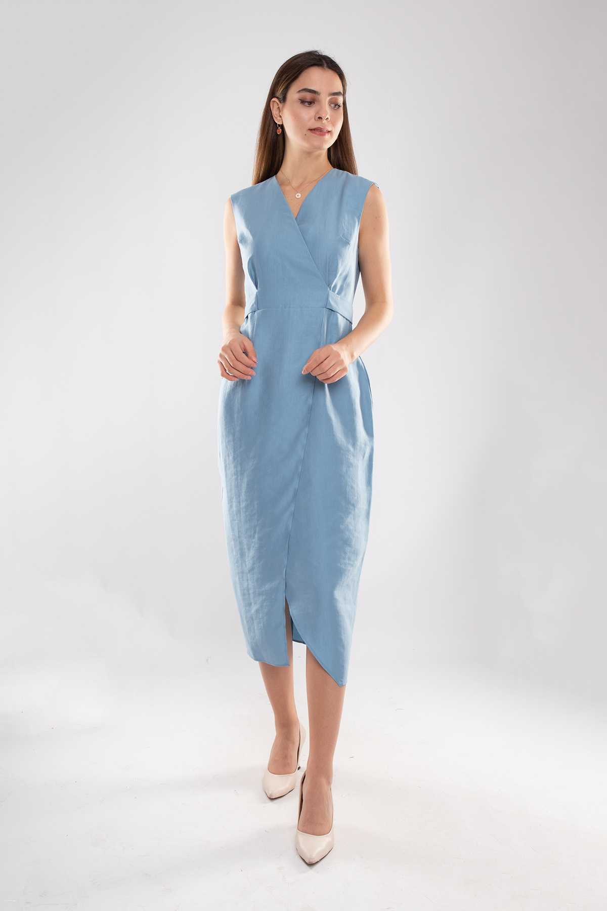 61764 Kruvaze Yaka Kuşaklı Midiboy Tencel Elbise