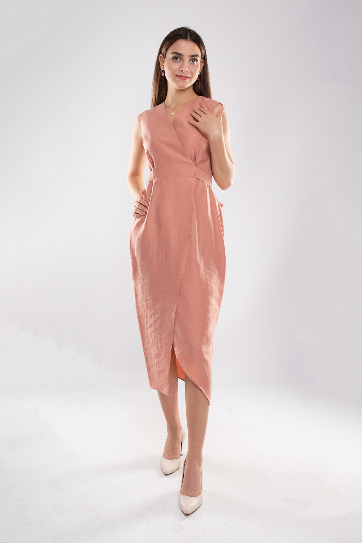 61764 Kruvaze Yaka Kuşaklı Midiboy Tencel Elbise