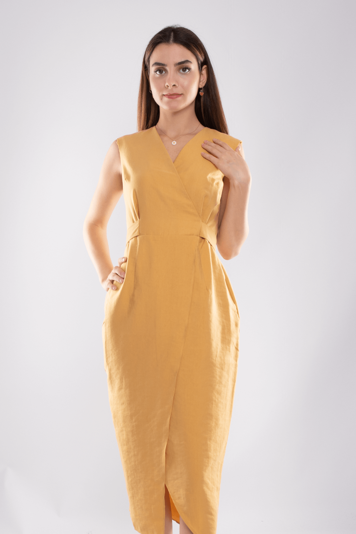 61764 Kruvaze Yaka Kuşaklı Midiboy Tencel Elbise
