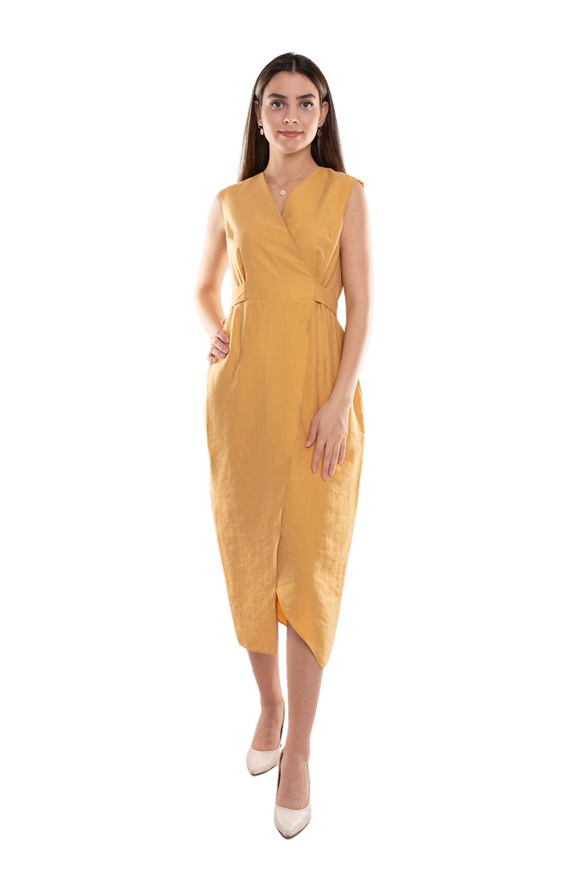 61764 Kruvaze Yaka Kuşaklı Midiboy Tencel Elbise