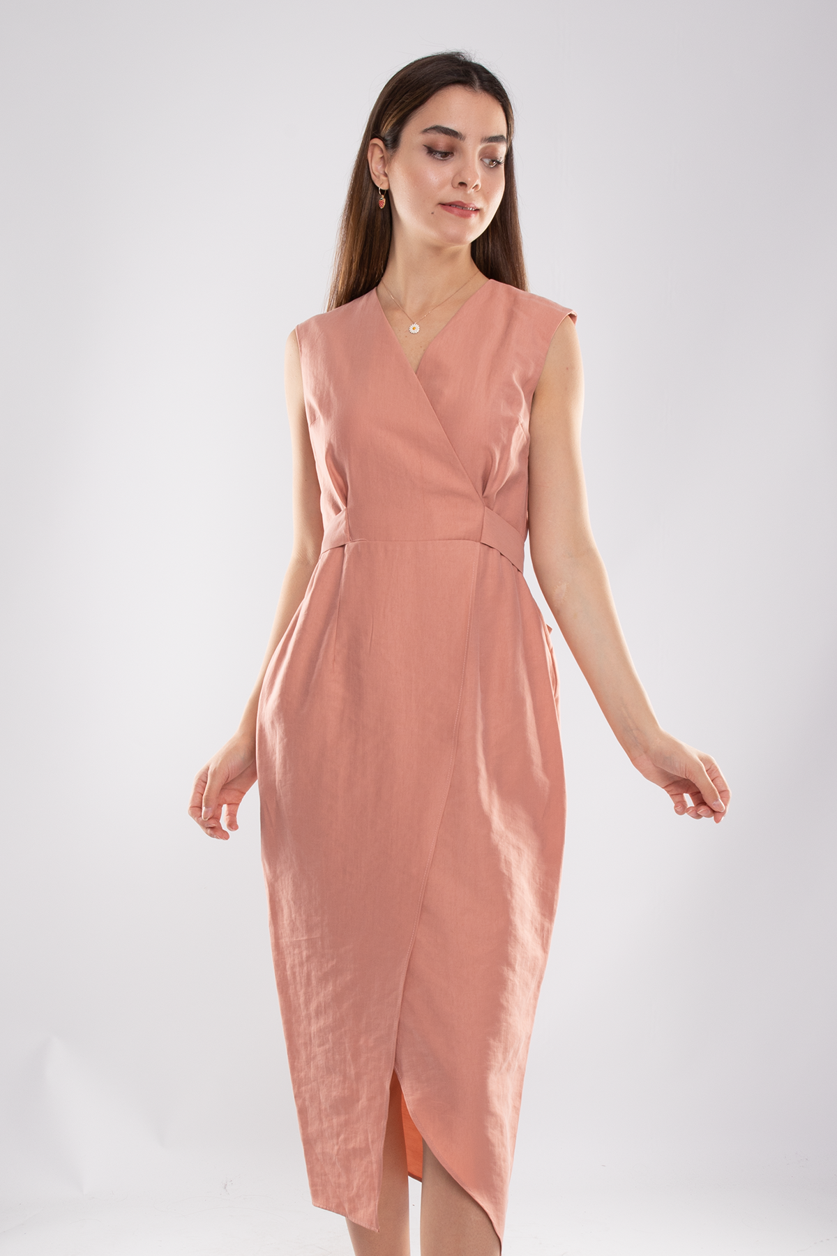 61764 Kruvaze Yaka Kuşaklı Midiboy Tencel Elbise