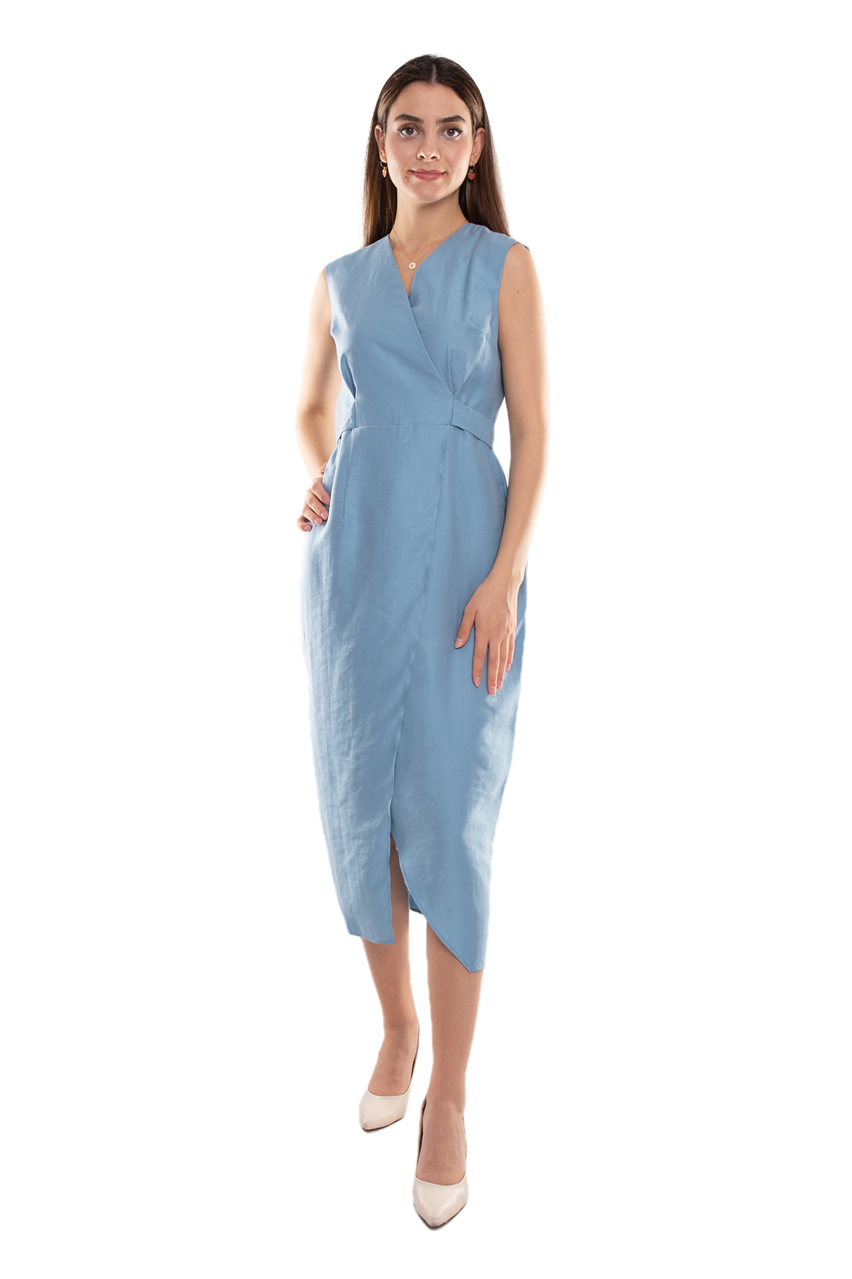 61764 Kruvaze Yaka Kuşaklı Midiboy Tencel Elbise