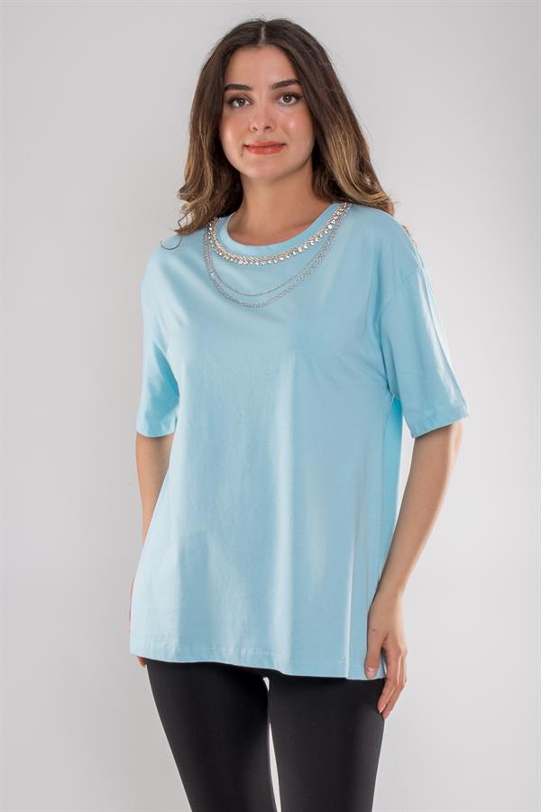 6633 Yakası Kendinden Taş Boncuk Kolyeli Bisiklet Yaka Pamuk Tshirt