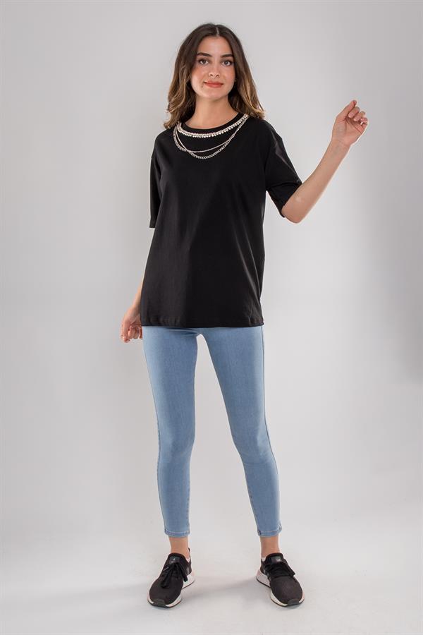 6633 Yakası Kendinden Taş Boncuk Kolyeli Bisiklet Yaka Pamuk Tshirt