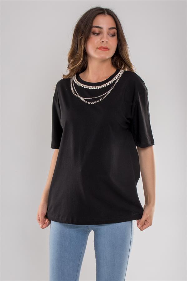 6633 Yakası Kendinden Taş Boncuk Kolyeli Bisiklet Yaka Pamuk Tshirt