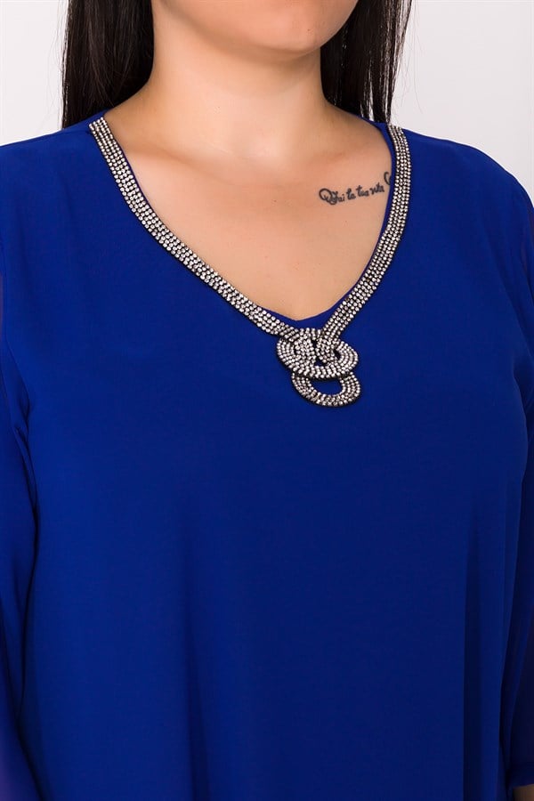 7011 BB Yakası Taş Kolyeli Şifon Bluz