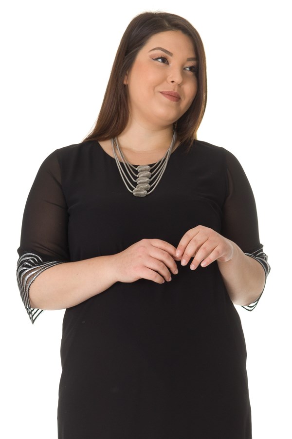 7012 ETEĞİ KOLU YALDIZLI KISA ELBİSE