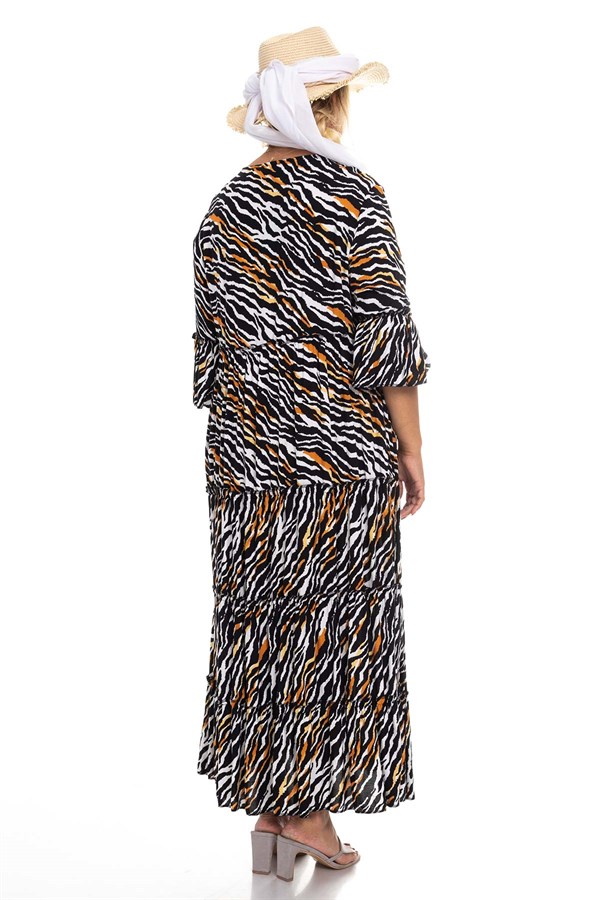 7017-12 Zebra Desen Yaka Püsküllü Pamuk Elbise