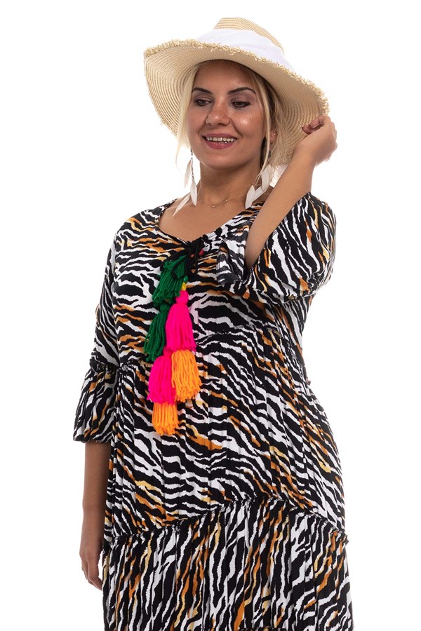 7017-12 Zebra Desen Yaka Püsküllü Pamuk Elbise