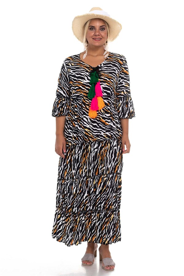 7017-12 Zebra Desen Yaka Püsküllü Pamuk Elbise