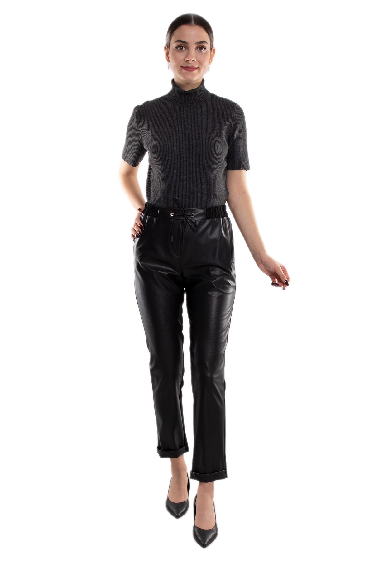 70180 Beli Lastikli Önü Deri Kadın Pantolon