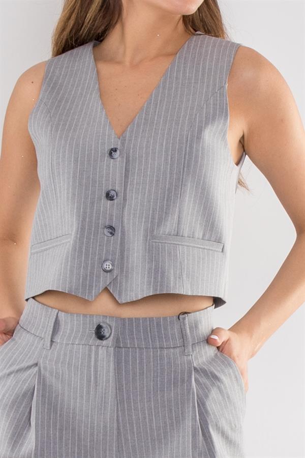70687-60514 Çizgili Yelekli Yüksek Bel Uzun Pantolon Kombin Takım