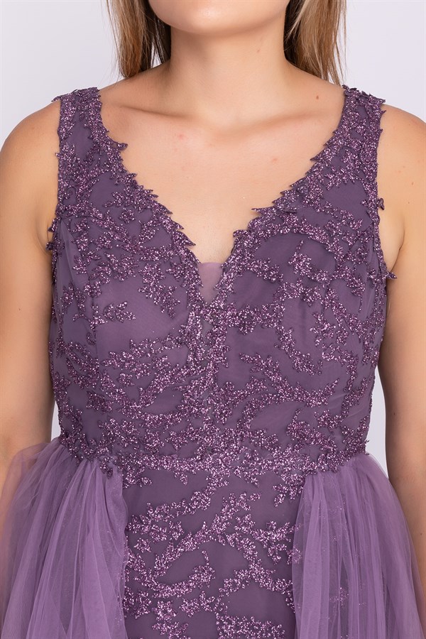 7095 Sim Nakış İşleme Tül Kuyruklu Long Dress Nişanlık