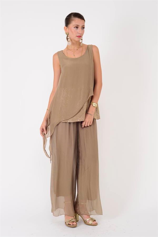 7161 Asimetrik Kesim Kolsuz Pullu İpek Bluz