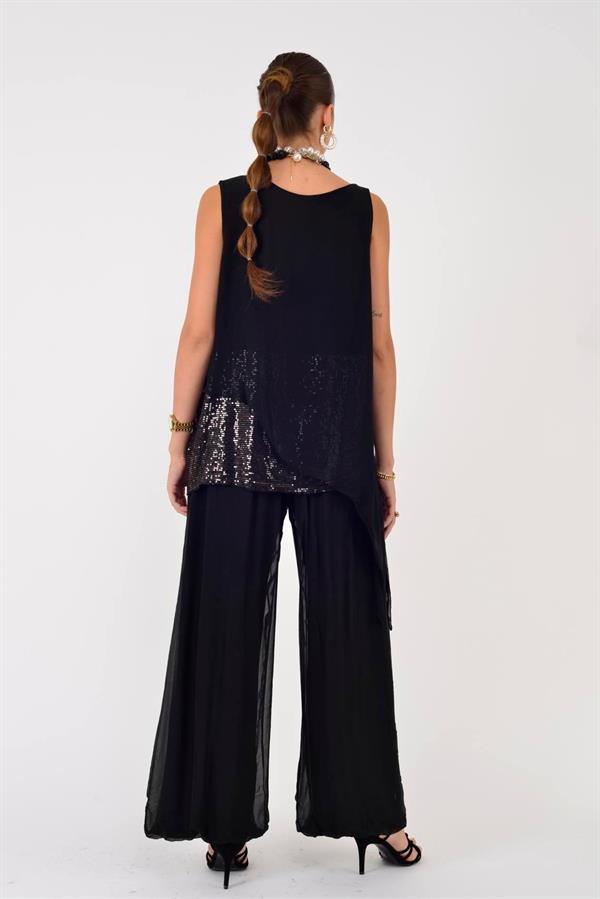 7161 Asimetrik Kesim Kolsuz Pullu İpek Bluz