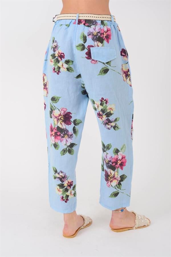 7232 Çiçek Desen Kemerli Keten Pantolon