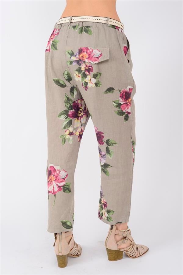 7232 Çiçek Desen Kemerli Keten Pantolon
