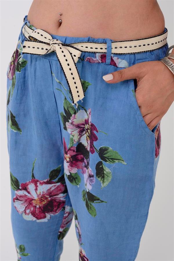 7232 Çiçek Desen Kemerli Keten Pantolon