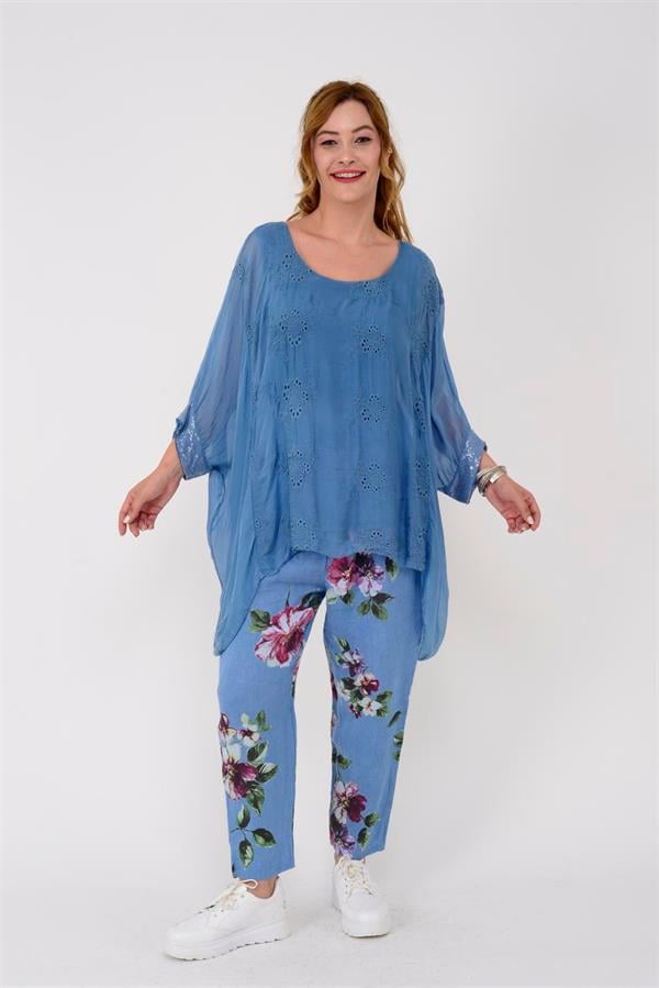 7232 Çiçek Desen Kemerli Keten Pantolon