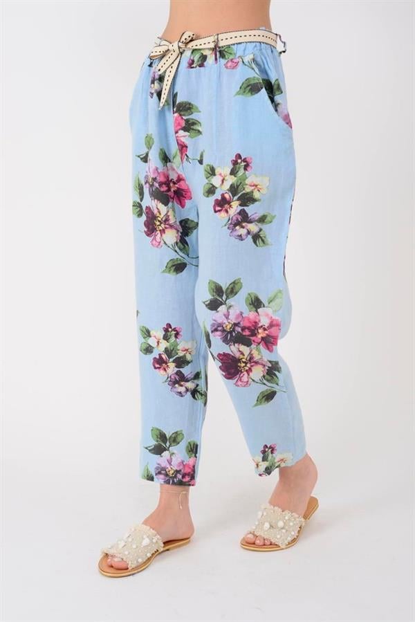 7232 Çiçek Desen Kemerli Keten Pantolon