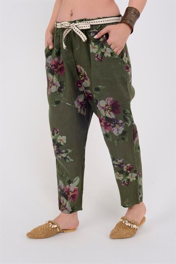 7232 Çiçek Desen Kemerli Keten Pantolon