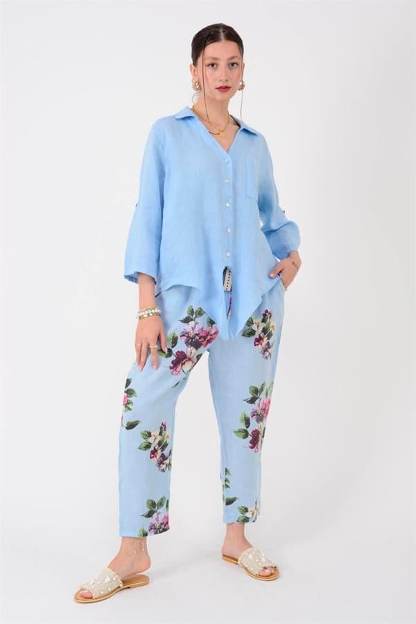 7232 Çiçek Desen Kemerli Keten Pantolon