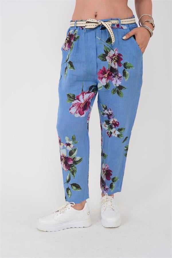 7232 Çiçek Desen Kemerli Keten Pantolon