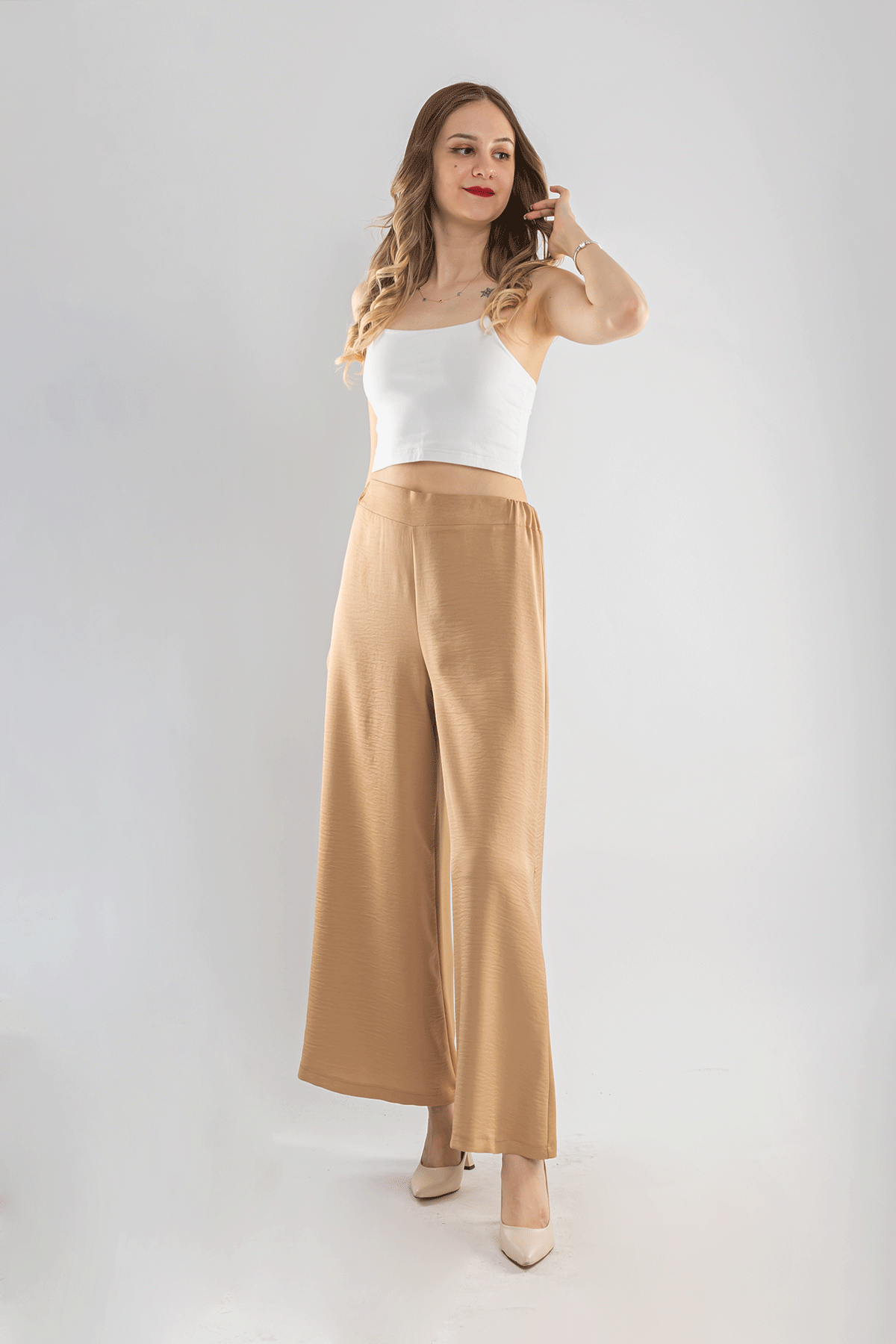 7265 Beli Lastikli Bol Paça Kristal Kumaş Kadın Pantolon