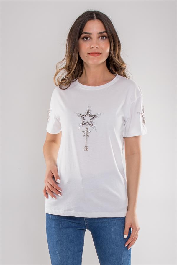 7563 Taşlı Yıldız İşlemeli Pamuk Kısa Kol Kadın Tshirt