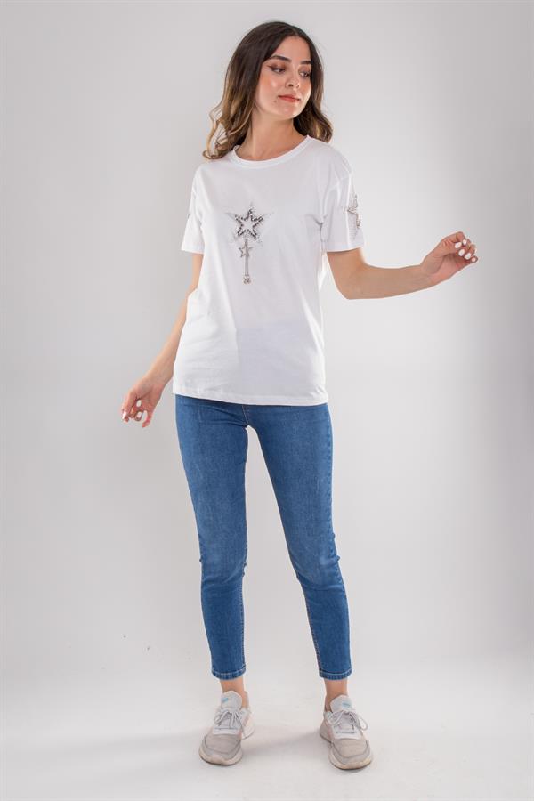 7563 Taşlı Yıldız İşlemeli Pamuk Kısa Kol Kadın Tshirt