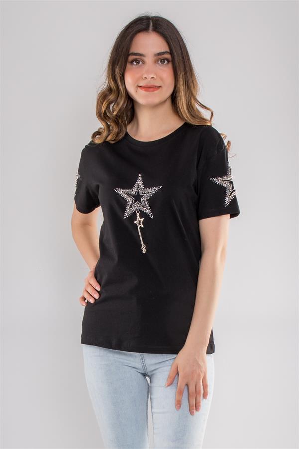 7563 Taşlı Yıldız İşlemeli Pamuk Kısa Kol Kadın Tshirt