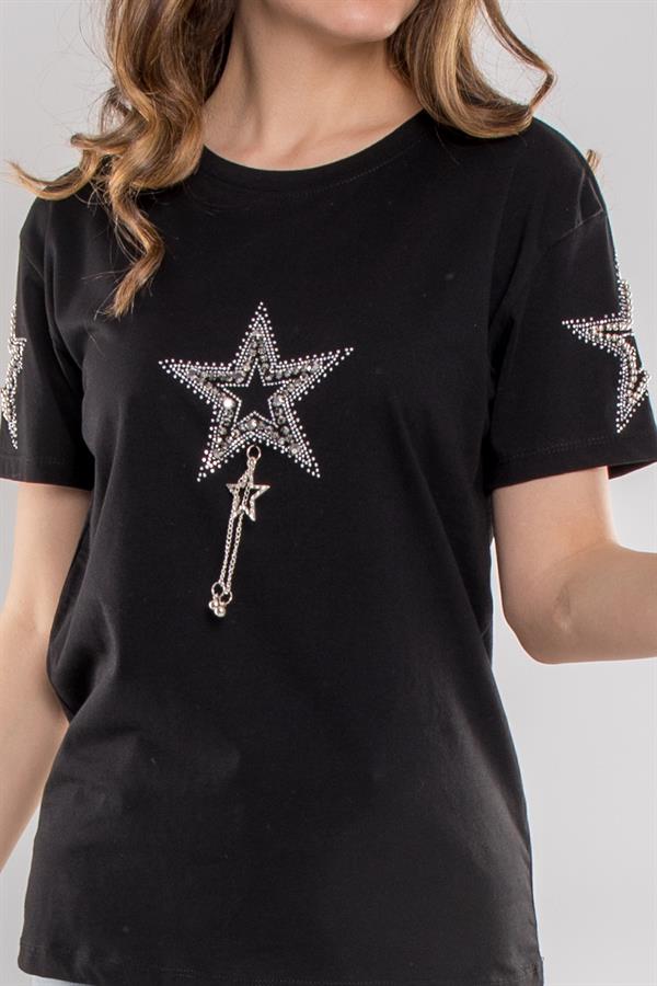 7563 Taşlı Yıldız İşlemeli Pamuk Kısa Kol Kadın Tshirt