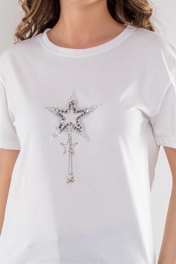 7563 Taşlı Yıldız İşlemeli Pamuk Kısa Kol Kadın Tshirt