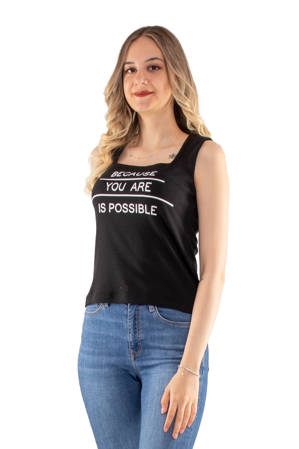 75668 Baskılı Kare Yaka Askılı Kadın Tshirt