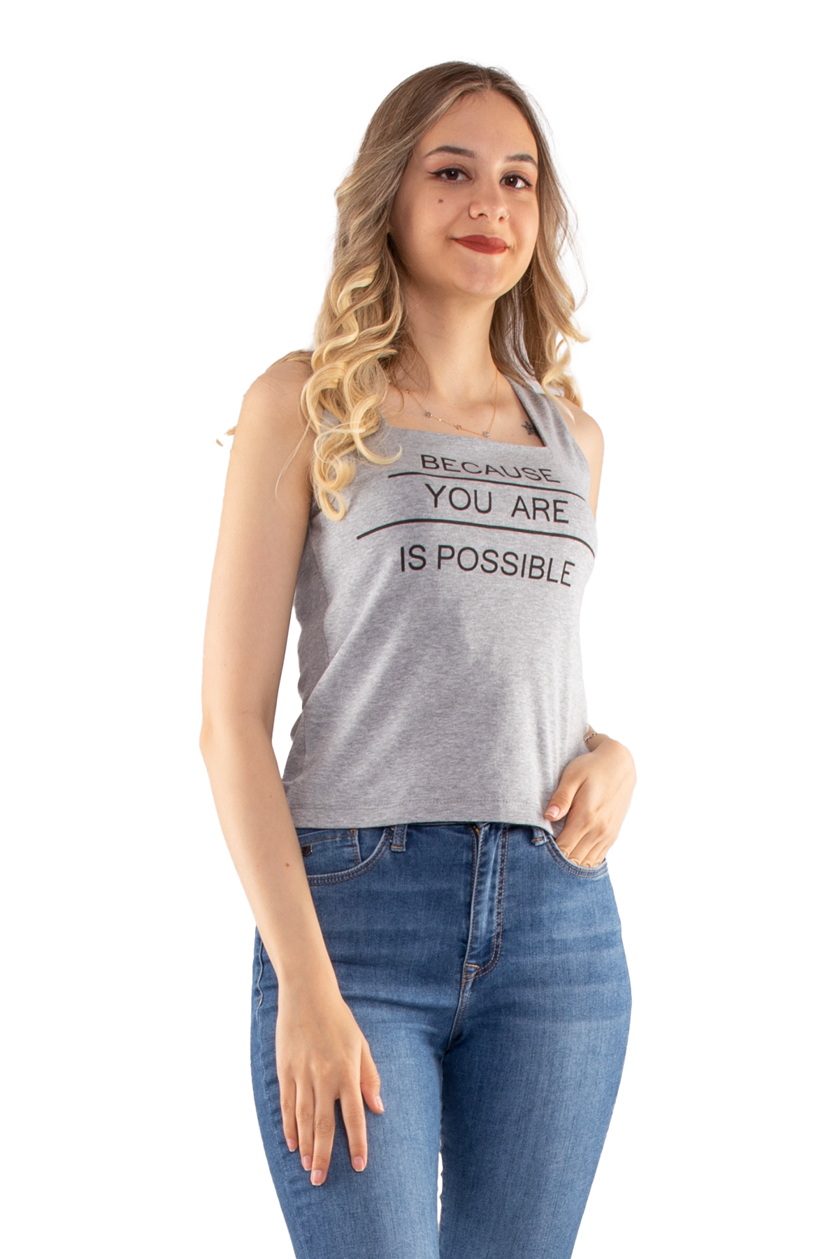 75668 Baskılı Kare Yaka Askılı Kadın Tshirt