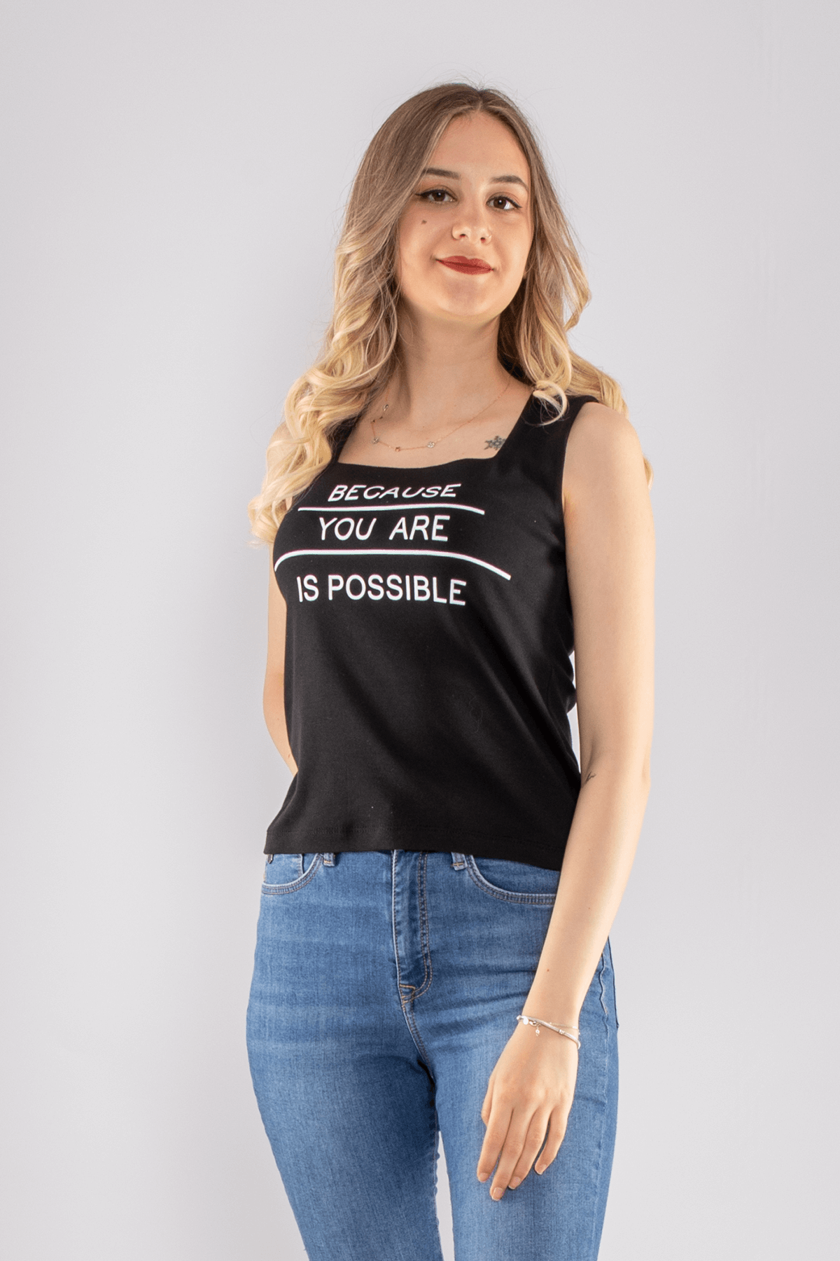 75668 Baskılı Kare Yaka Askılı Kadın Tshirt