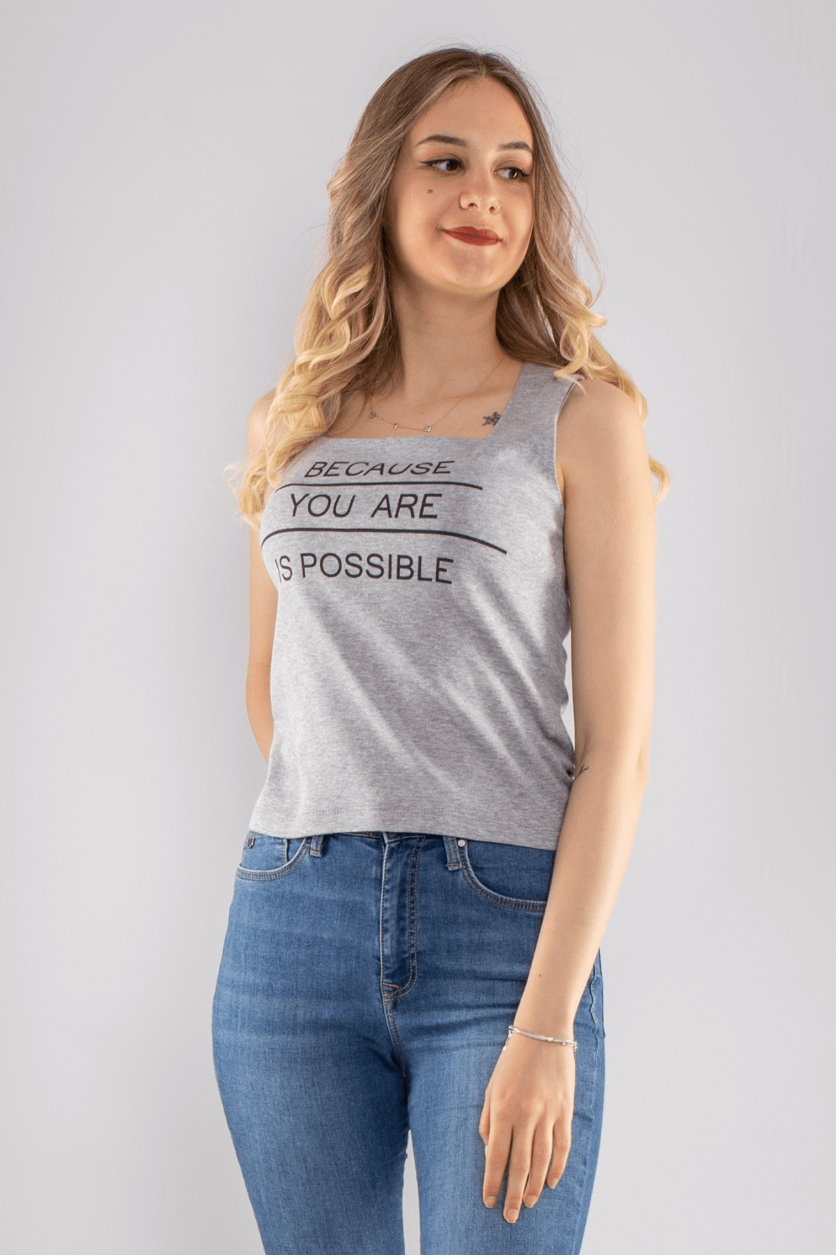 75668 Baskılı Kare Yaka Askılı Kadın Tshirt