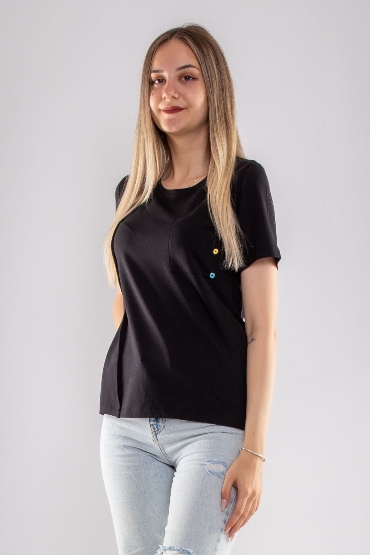 75733 Kendinden Parçalı Cep Detaylı Kadın Tshirt08