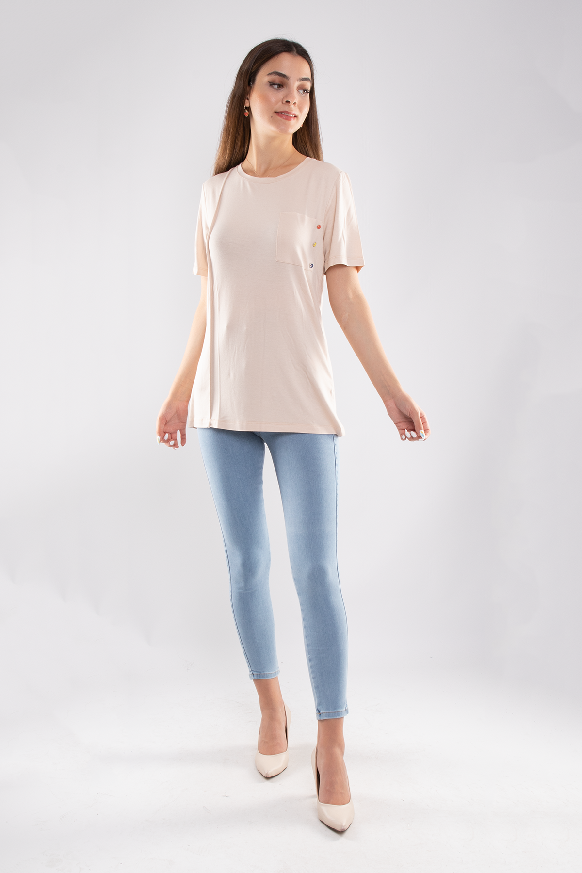 75733 Kendinden Parçalı Cep Detaylı Kadın Tshirt08