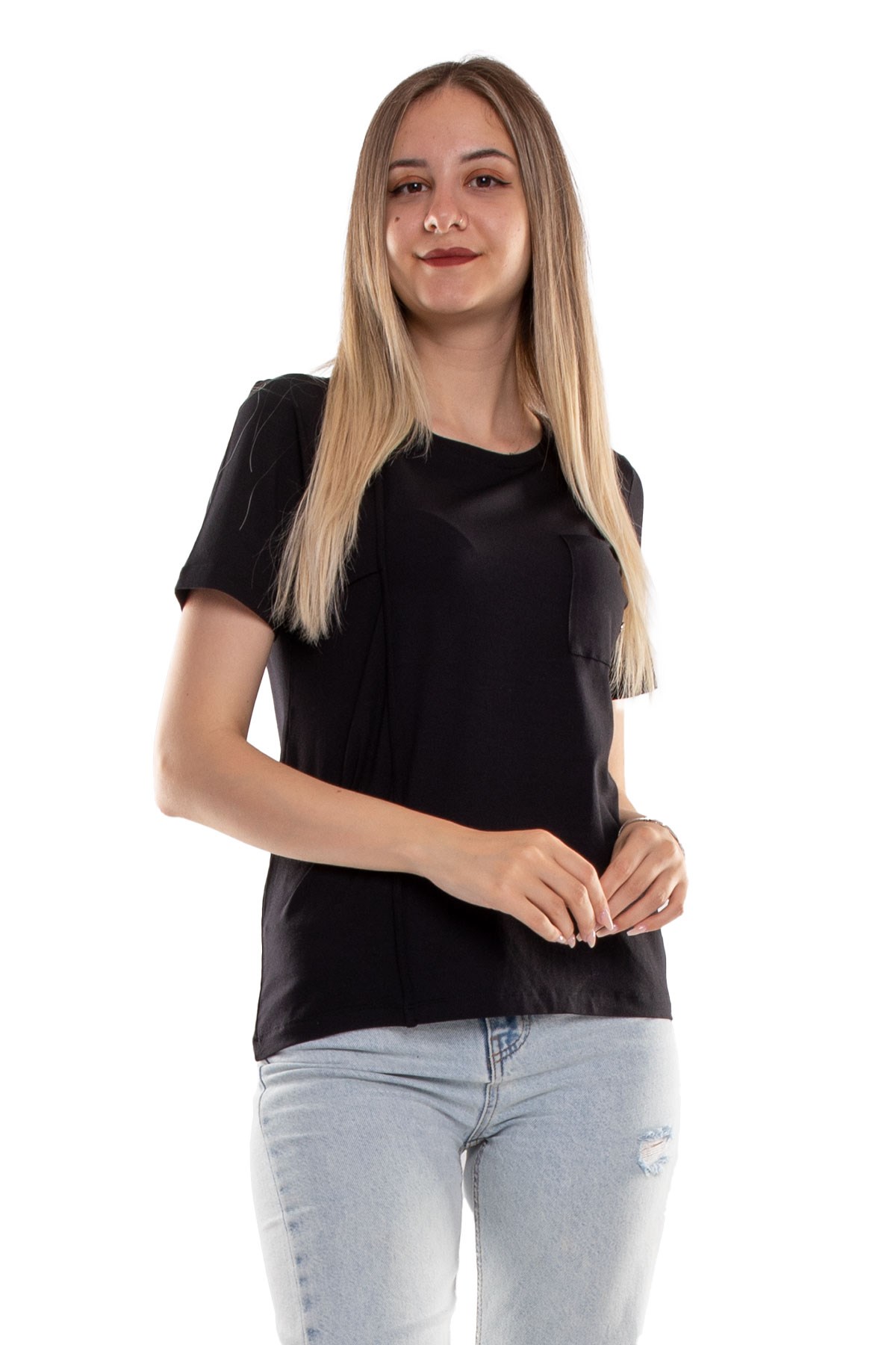 75733 Kendinden Parçalı Cep Detaylı Kadın Tshirt08
