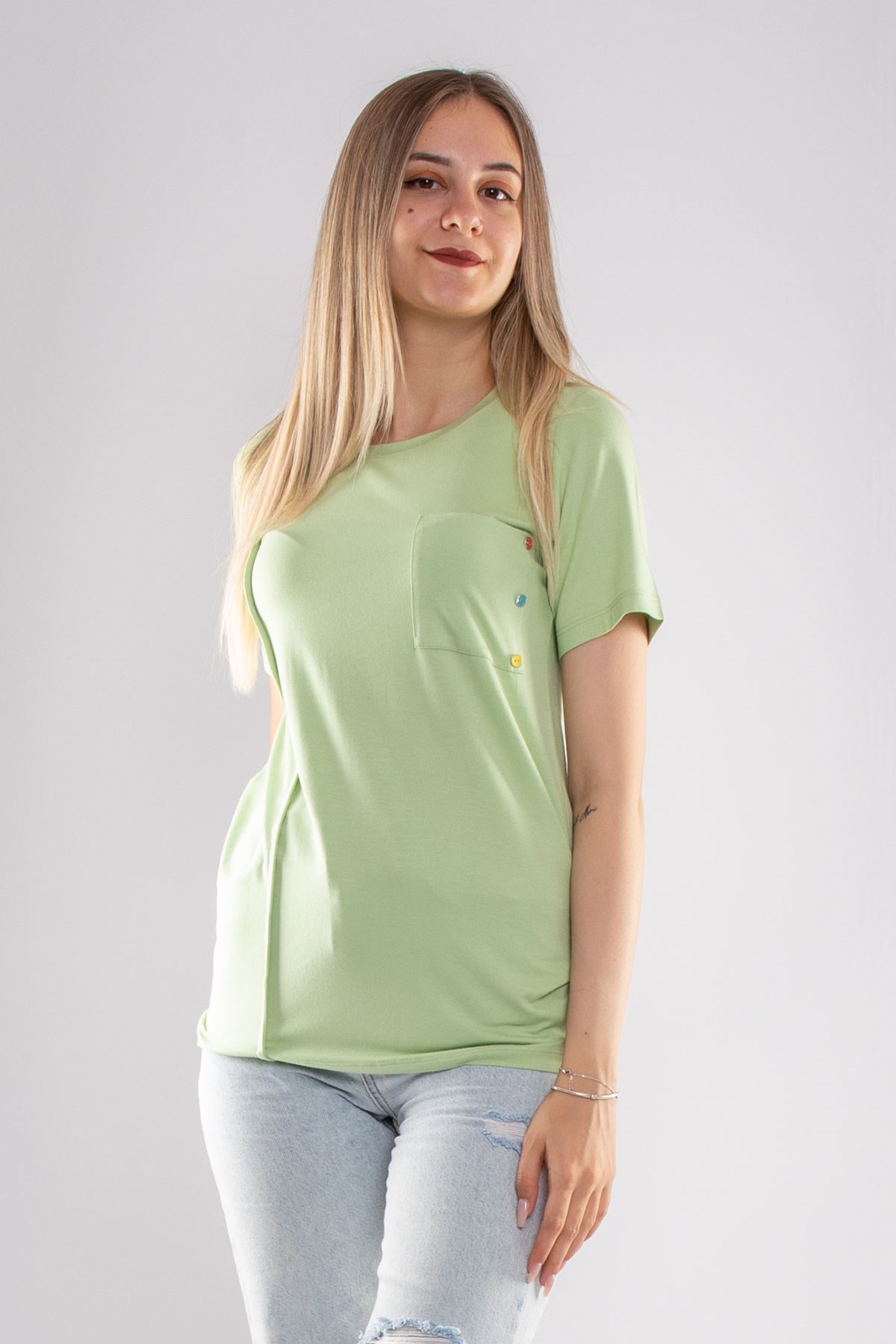 75733 Kendinden Parçalı Cep Detaylı Kadın Tshirt08