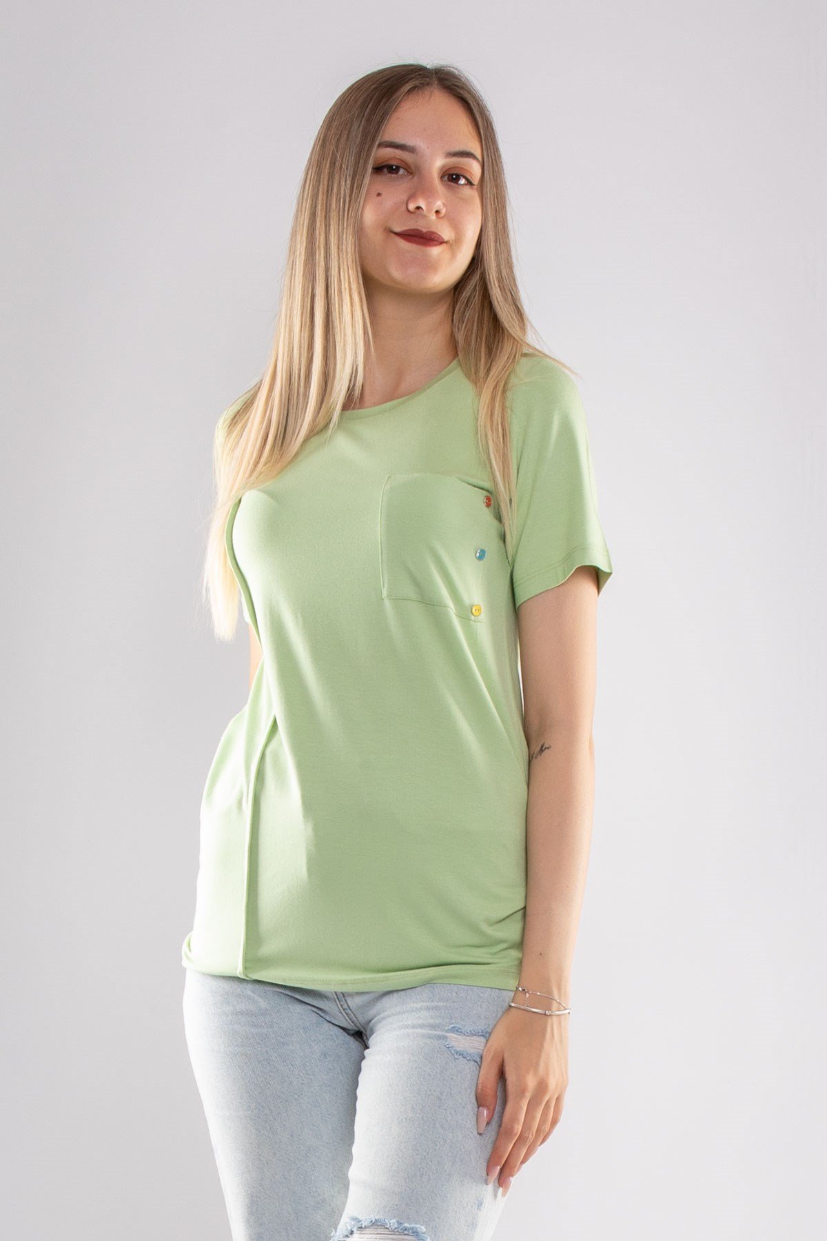 75733 Kendinden Parçalı Cep Detaylı Kadın Tshirt08