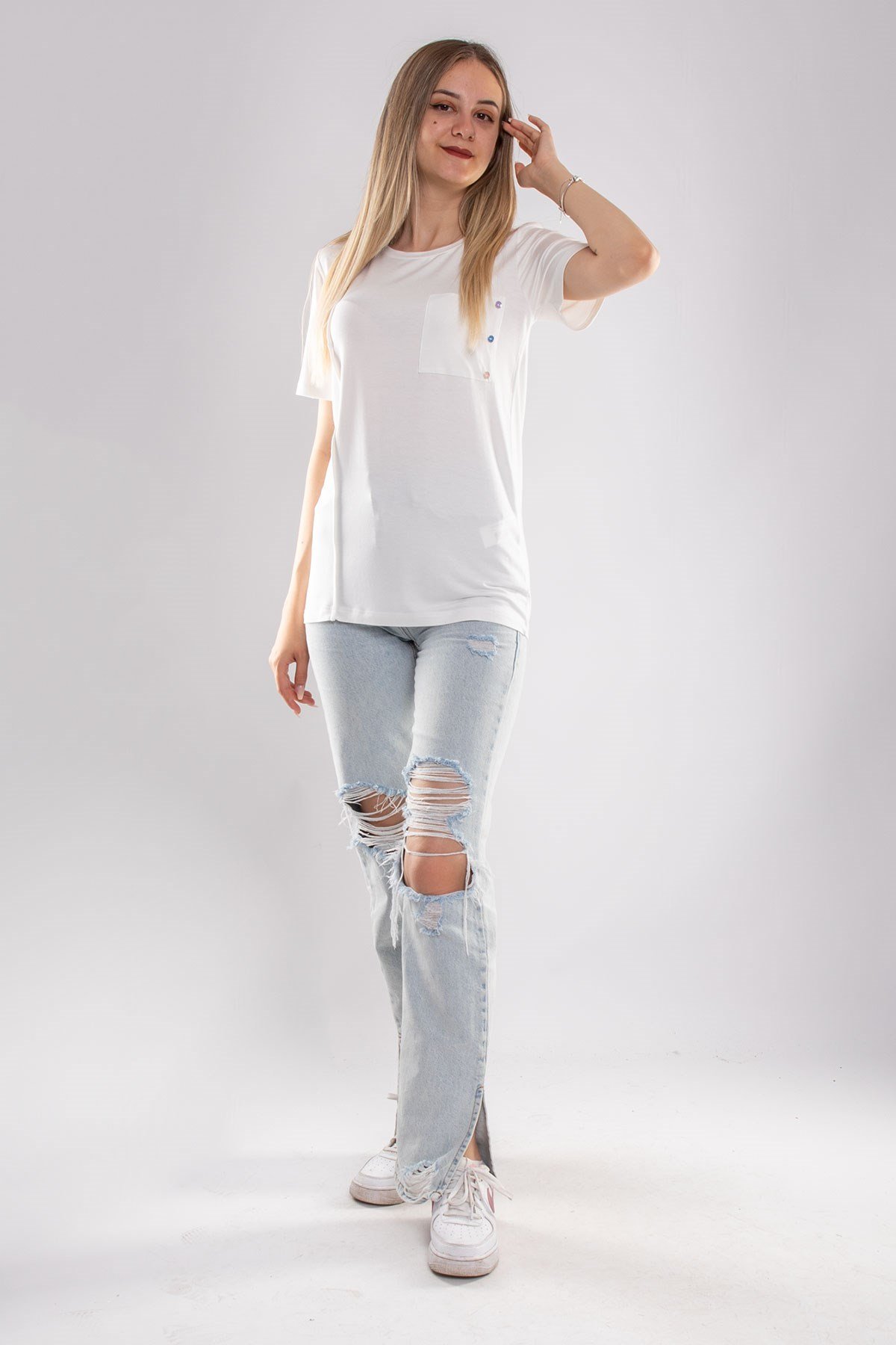 75733 Kendinden Parçalı Cep Detaylı Kadın Tshirt08