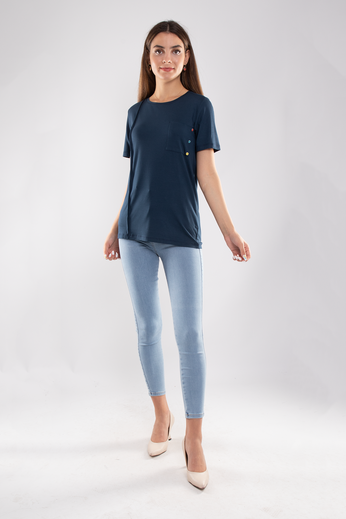 75733 Kendinden Parçalı Cep Detaylı Kadın Tshirt08