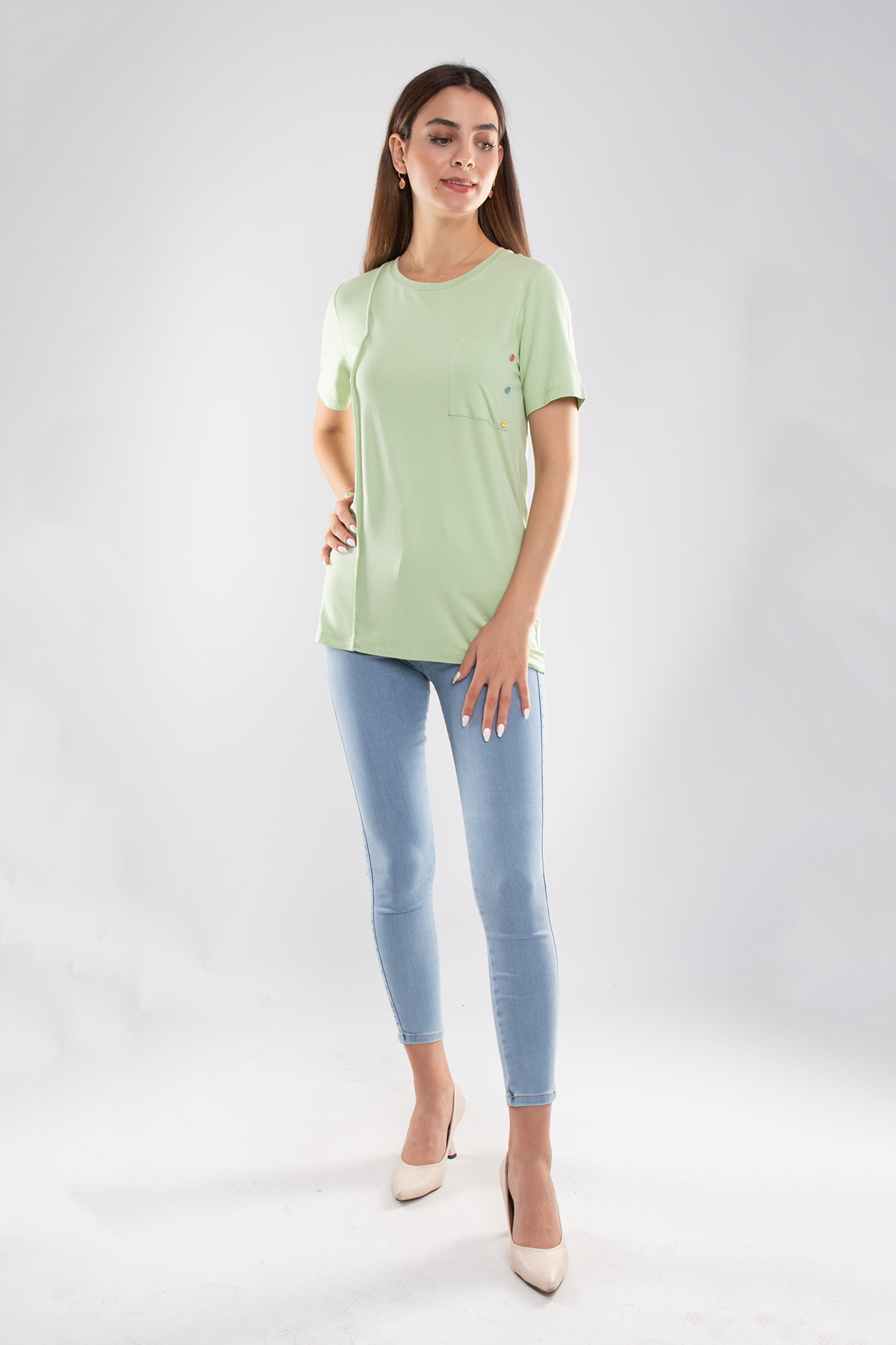 75733 Kendinden Parçalı Cep Detaylı Kadın Tshirt08