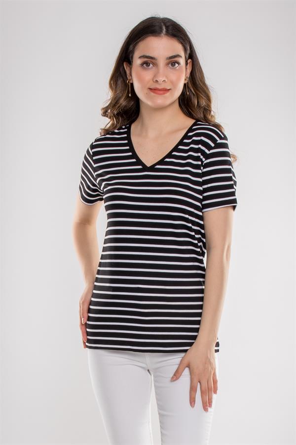 75845 Vyaka Çizgili Basic Pamuklu Kadın Tshirt